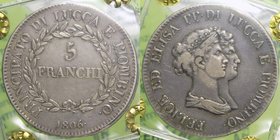 Lucca e Piombino - Felice Paciocchi e Elisa Bonaparte (1805-1814) 5 Franchi 1806 - Firenze - R2 RR MOLTO RARA - Periziata BB/qSPL - Ag