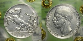 Vittorio Emanuele III - Vittorio Emanuele III (1900-1943) 10 Lire "Biga" 1928 ** (Due Rosette) Periziato BB/SPL - RR MOLTO RARA - Ag