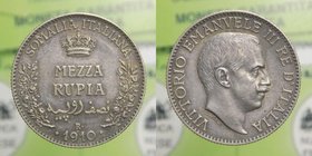 Vittorio Emanuele III (1910-1925) 1/2 Rupia 1910 - Ag - Montenegro 449 - RARA
SPL