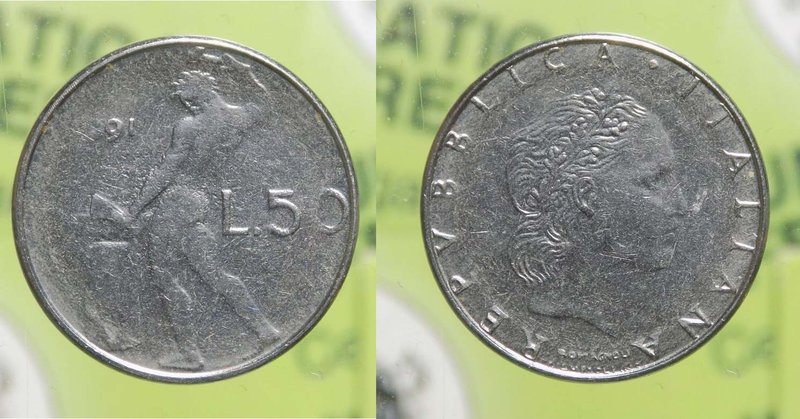 Repubblica Italiana - 50 lire "Vulcano" 1991 - ERRORE DI CONIO - VARIANTE: 1) Se...
