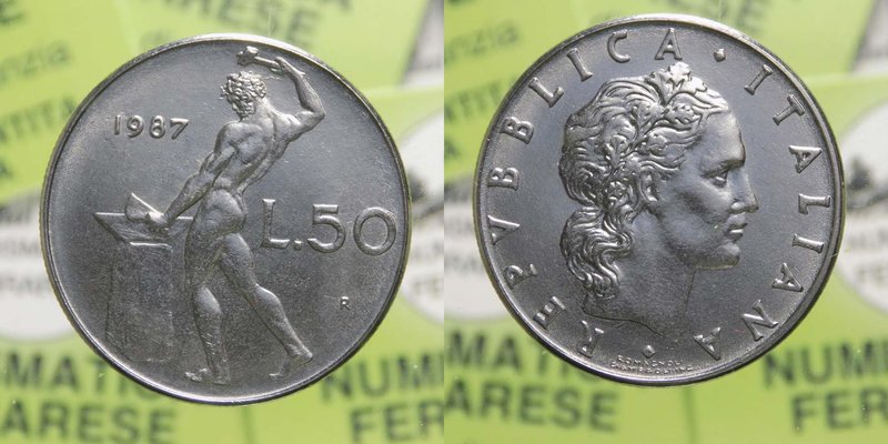 Repubblica Italiana - 50 Lire Vulcano 1987 -VARIANTE cifra della data "7" AD UNC...