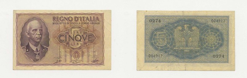 ITALIA - Biglietto di Stato - Vittorio Emanuele III - 5 Lire "Impero" - Grassi/P...