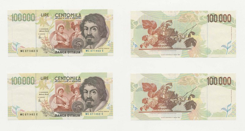 ITALIA - Lotto n.2 Banconote 100000 lire Caravaggio II°Tipo - Consecutive - Fazi...