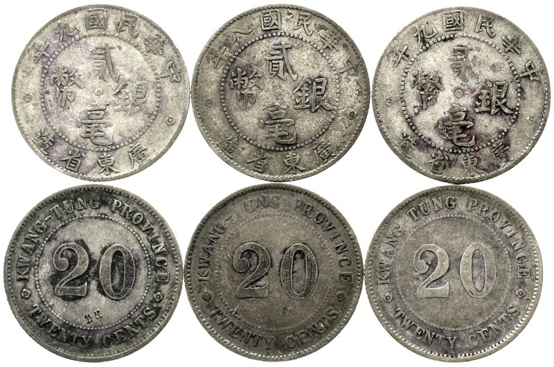China
Republik, 1912-1949
6 Silbermünzen: Je 3 X Kwangtung 20 Cents Jahre 8 un...