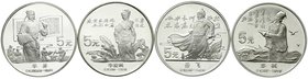 China
Volksrepublik, seit 1949
4 X 5 Yuan Silber 1988. Große Persönlichkeiten der chinesischen Geschichte 5. Ausgabe. Bi Sheng, Su Shi, Li Qingzhao,...