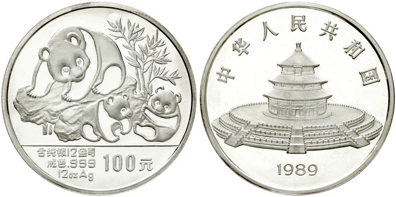 China
Volksrepublik, seit 1949
100 Yuan 12 Unzen Silbermünze 1989. Panda mit 2...