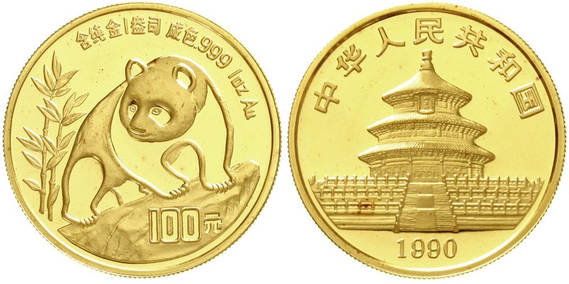 China
Volksrepublik, seit 1949
100 Yuan Panda GOLD 1990. Panda auf Felsen. 1 U...