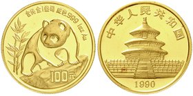 China
Volksrepublik, seit 1949
100 Yuan Panda GOLD 1990. Panda auf Felsen. 1 Unze Feingold. Large Date. Stempelglanz, kl. roter Flecken