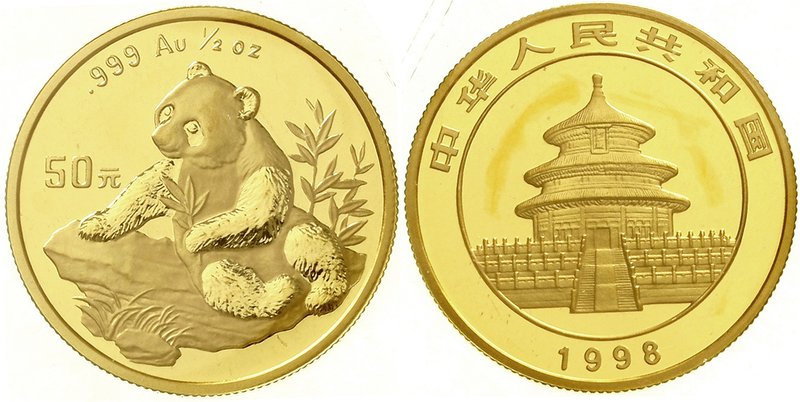 China
Volksrepublik, seit 1949
50 Yuan GOLD 1998. Panda auf Felsen beim Auswäh...