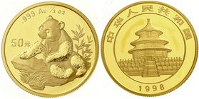 China
Volksrepublik, seit 1949
50 Yuan GOLD 1998. Panda auf Felsen beim Auswählen von Zweigen. 1/2 Unze Feingold. Large Date, verschweißt. Stempelgl...