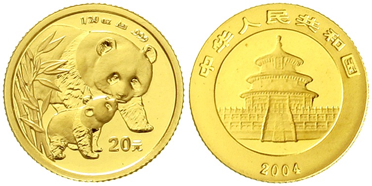 China
Volksrepublik, seit 1949
20 Yuan GOLD 2004. Pandamutter bei der Liebkosu...