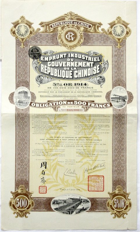 China
Wertpapiere
Obligation über 500 Francs, Paris 1914. Emprunt Industriel d...
