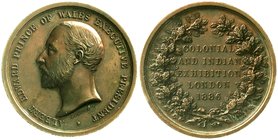 Indien
Victoria, 1837-1901
Bronzemedaille 1886 von Wyon. Colonial and Indian Exhibition London. Unter dem Protektorat des Prince of Wales (dem späte...