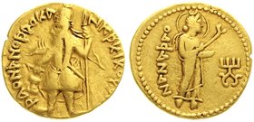 Indien-Kuschanreich
Kanishka I. 127-152
Dinar GOLD. Kanishka steht l./Nanashao steht r. 7,82 g. schön/sehr schön, Kratzer, Prüfspur am Rand