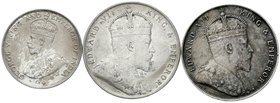 Malaysia
Straits Settlements
3 Stück: Dollar 1907, 1908 und 50 Cents 1920. sehr schön