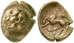 Gallien
Pictones
Rotgold-Stater um 100/50 v. Chr. Kopf nach r. mit gelocktem Haar/Pferd im Trab nach l., vor dem Kopf eine Spange, oben rechts ein V...