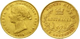 Australien
Victoria, 1837-1901
Sovereign 1863, Sydney Mint. 7,99 g. 917/1000. fast sehr schön