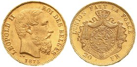 Belgien
Leopold II., 1865-1909
20 Francs 1875. 6,45 g. 900/1000. fast Stempelglanz, Prachtexemplar