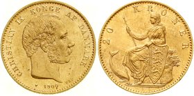 Dänemark
Christian IX., 1863-1906
20 Kronen 1900 VBP. 8,96 g. 900/1000. vorzüglich/Stempelglanz, winz. Kratzer