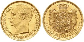 Dänemark
Frederik VIII., 1906-1912
10 Kronen 1908. 4,48 g. 900/1000. fast Stempelglanz, Prachtexemplar