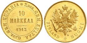 Finnland
Nikolaus II., 1894-1917
10 Markkaa 1913 S. 3,225 g. 900/1000. Stempelglanz, Prachtexemplar, min. berieben