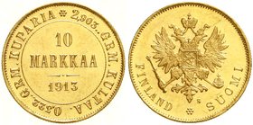 Finnland
Nikolaus II., 1894-1917
10 Markkaa 1913 S. 3,225 g. 900/1000. fast Stempelglanz, Prachtexemplar, min. berieben