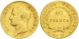 Frankreich
Napoleon I., 1804-1814/15
40 Francs AN 13 A, Paris. 12,90 g. 900/1000. sehr schön, kl. Kratzer