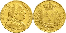 Frankreich
Ludwig XVIII., 1814/1815-1824
20 Francs 1815 A, Paris. 6,45 g. 900/1000. gutes sehr schön