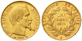 Frankreich
Napoleon III., 1852-1870
20 Francs 1852 A, Paris. Einzeltyp. 6,45 g. 900/1000 vorzüglich, winz. Randfehler