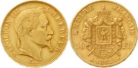 Frankreich
Napoleon III., 1852-1870
50 Francs 1862 A, Paris. 16,13 g. 900/1000. fast vorzüglich, kl. Kratzer und Randfehler