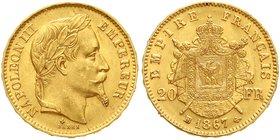 Frankreich
Napoleon III., 1852-1870
20 Francs 1867 BB, Straßburg. 6,45 g. 900/1000. vorzüglich/Stempelglanz