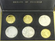 Fujairah (Emirat)
Muhammad bin Hamal al-Sharqi, 1952-1974
Münzen Set 1969/1970 mit 3 Gold- und 3 Silbermünzen. 100 Riyals 1969 3 Astronauten vor Mon...
