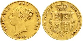Grossbritannien
Victoria, 1837-1901
1/2 Sovereign 1853. 3,99 g. 917/1000 sehr schön, winz. Randfehler