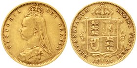 Grossbritannien
Victoria, 1837-1901
1/2 Sovereign 1892, Wappen. 3,99 g. 917/1000. sehr schön