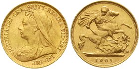 Grossbritannien
Victoria, 1837-1901
1/2 Sovereign 1901, Drachentöter. 3,99 g. 917/1000. fast Stempelglanz
