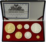 Haiti
Gold und Silbermünzenset 1967. 10 Jahrestag der Revolution mit 5 Goldmünzen 20, 50, 100, 200 und 1000 Gourdes insg. 270,54 g. 900/1000 Gold und...