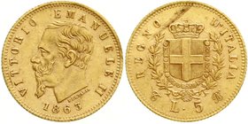 Italien- Königreich
Vittorio Emanuele II., 1861-1878
5 Lire 1863 T BN. 1,62 g. 900/1000. vorzüglich