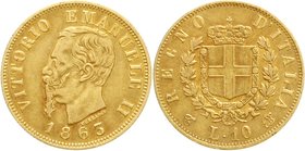 Italien- Königreich
Vittorio Emanuele II., 1861-1878
10 Lire 1863 BN. 3,23 g. 900/1000. gutes sehr schön