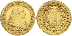 Italien-Neapel
Ferdinand IV. von Bourbon, 1759-1825
6 Dukati 1772 BP, im Stempel geändert aus 1771. 8,81 g. sehr schön, justiert Exemplar der Heidel...