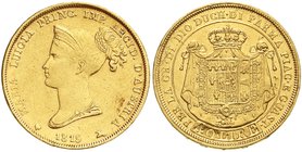 Italien-Parma
Maria Luigia, 1815-1847
40 Lire 1815. 12,90 g. 900/1000. gutes sehr schön, winz. Randfehler, kl. Kratzer