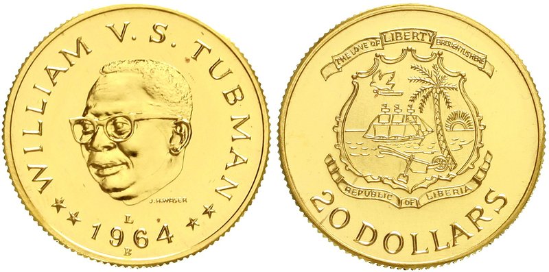 Liberia
Republik, seit 1847
20 Dollars 1964 L B, Tubman. 18,65 g. 900/1000. Au...