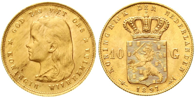 Niederlande
Wilhelmina, 1890-1948
10 Gulden 1897. Mit langem Haar. 6,72 g. 900...