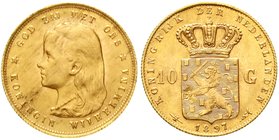 Niederlande
Wilhelmina, 1890-1948
10 Gulden 1897. Mit langem Haar. 6,72 g. 900/1000. vorzüglich/Stempelglanz