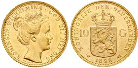 Niederlande
Wilhelmina, 1890-1948
10 Gulden 1898. Signatur P. PANDER. 6,73 g. 900/1000 vorzüglich/Stempelglanz, winz. Randfehler