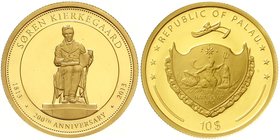 Palau
Republik, seit 1947
10 Dollars 2013. 200. Geburtstag von Sören Kierkegaard (dänischer Philosoph). 6,24 g. 750/1000. Im Etui mit Zertifikat. Po...