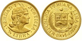 Peru
Republik, seit 1821
1/2 Libra (1/2 Pound) 1904 ROZF. 3,99 g. 917/1000. vorzüglich/Stempelglanz, Prachtexemplar