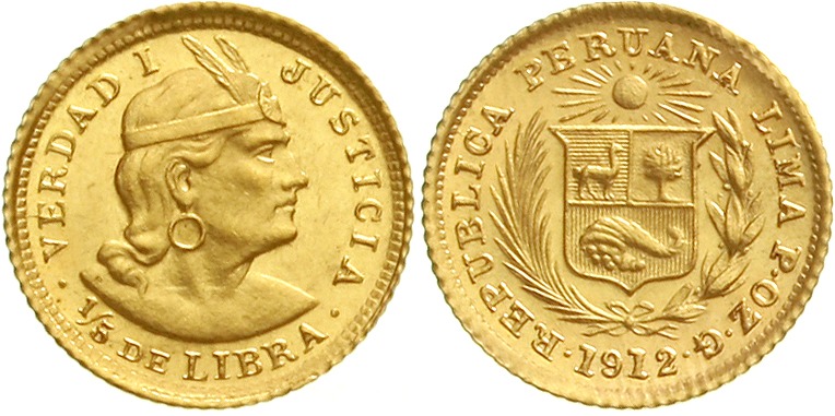 Peru
Republik, seit 1821
1/5 Libra (1/5 Pound) 1912 POZG. 1,60 g. 917/1000. vo...