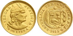 Peru
Republik, seit 1821
1/5 Libra (1/5 Pound) 1912 POZG. 1,60 g. 917/1000. vorzüglich/Stempelglanz, Prachtexemplar