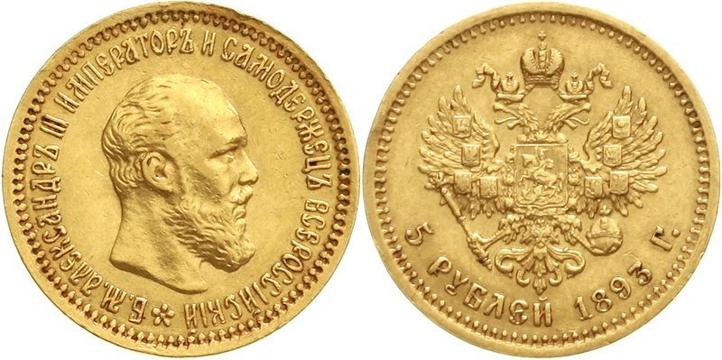 Russland
Alexander III., 1881-1894
5 Rubel 1893, St. Petersburg. 6,45 g. 900/1...