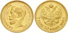 Russland
Nikolaus II., 1894-1917
7 1/2 Rubel 1897. 6,45 g. 900/1000. vorzüglich/Stempelglanz